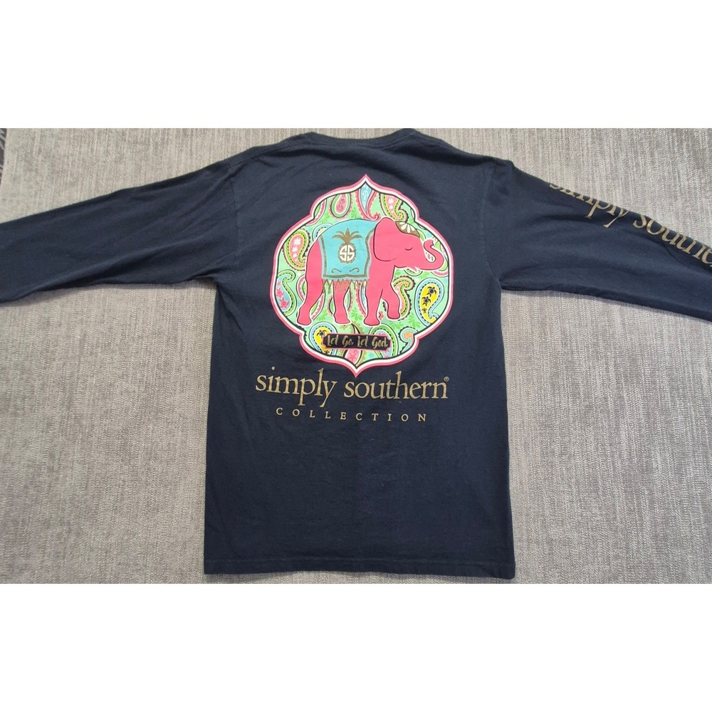 Simply‎ Southern women's navy blue long sleeve 2 side graphic t-shirt M elephant
